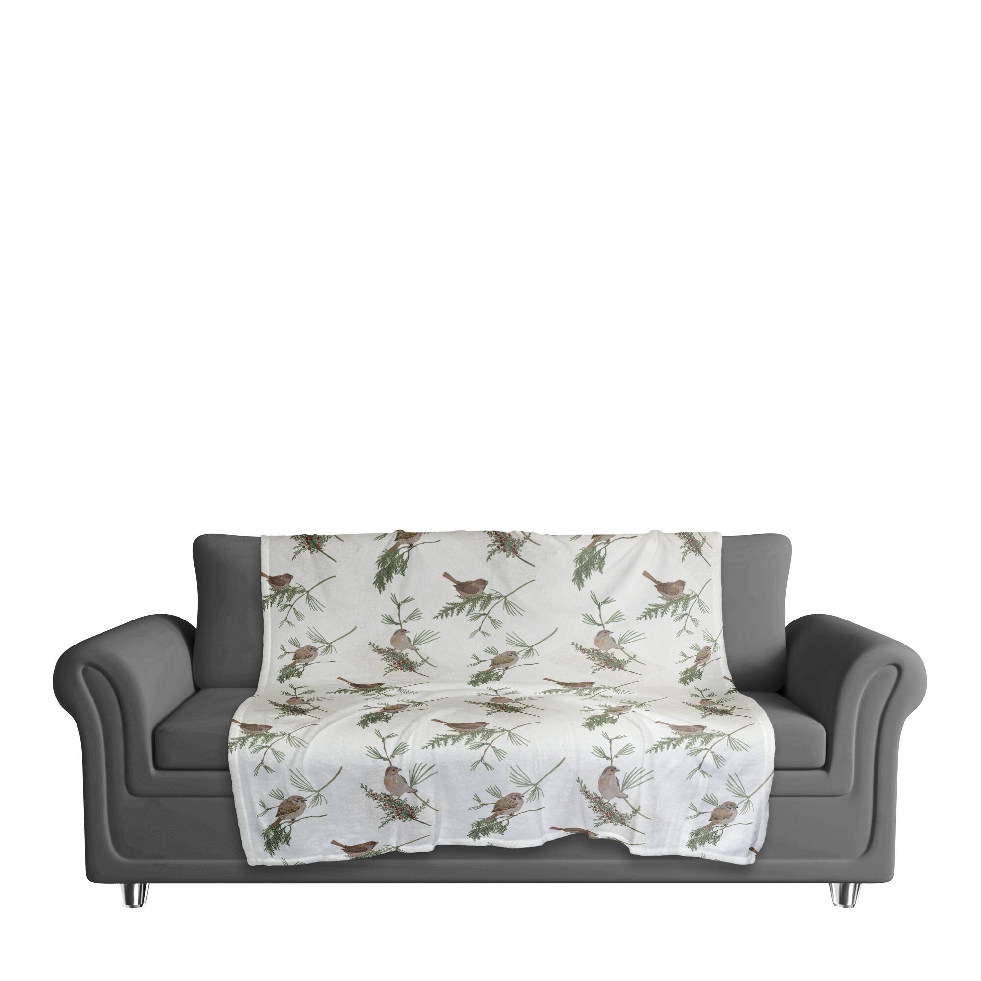 Pine & Birds on White Coral Fleece Blanket